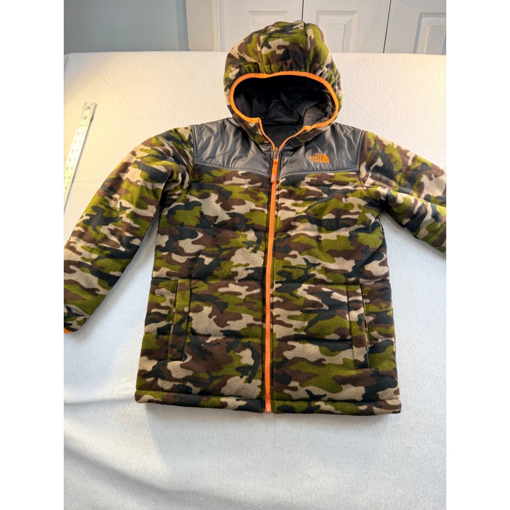 The North Face Youth L Reversible Camo Fleece Hooded Jacket Orange Gray